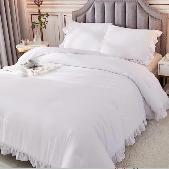 Andency White Comforters Queen Size, 3 Pieces Solid Shabby Chic Farmhouse Beddin - Picture 2 of 3